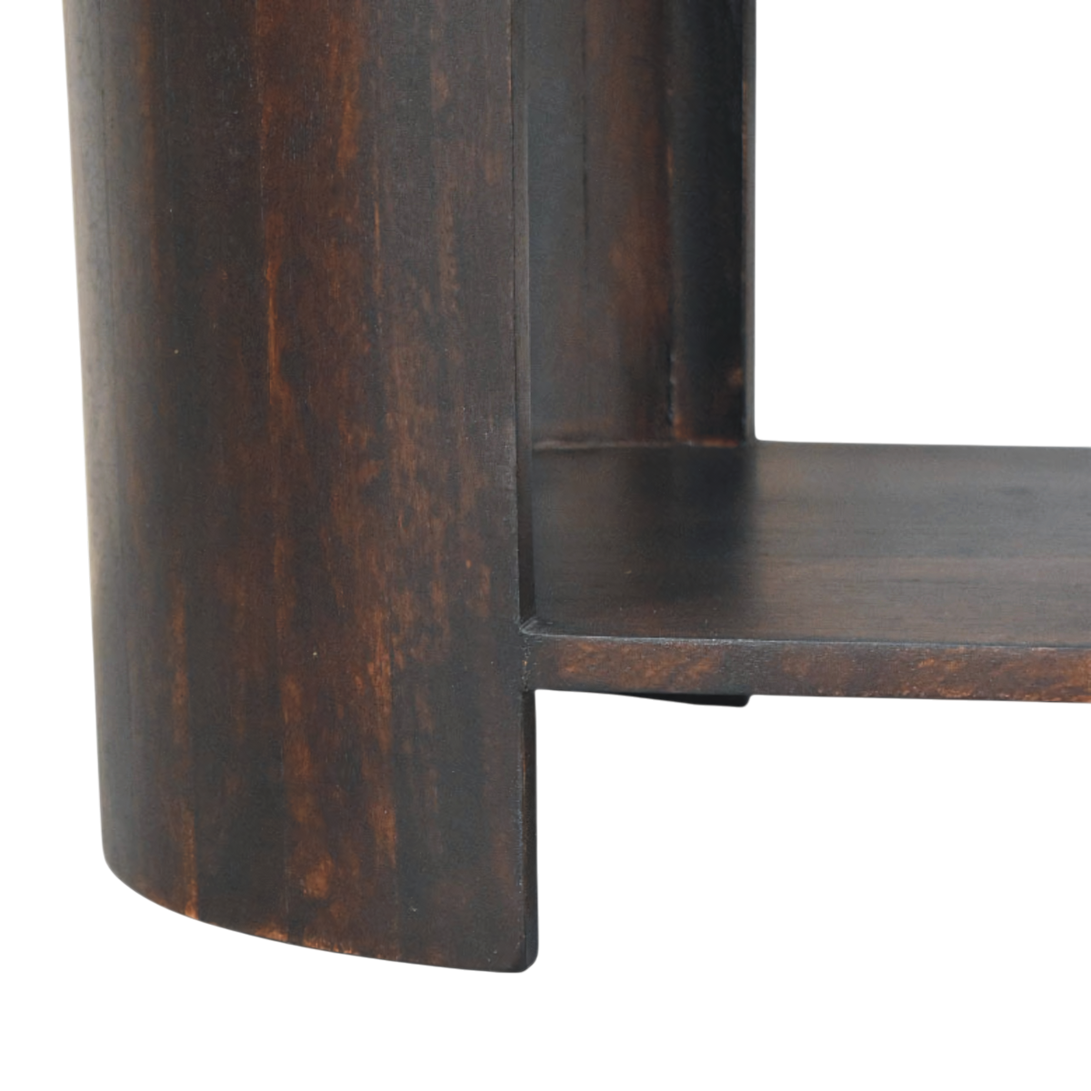 Close view of the base on the Belgrave Shoe Bench in Espresso with Caramel Leather.