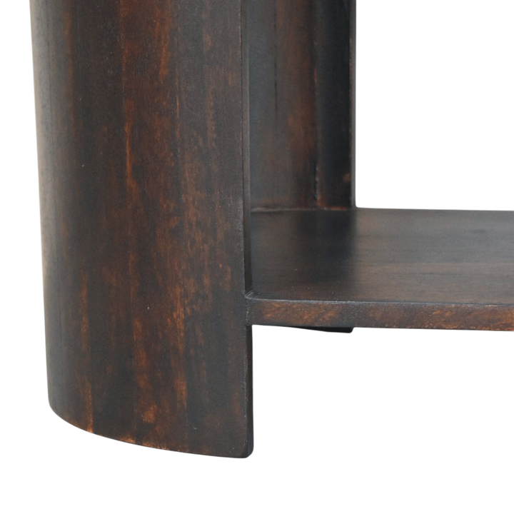 Close view of the base on the Belgrave Shoe Bench in Espresso with Caramel Leather.