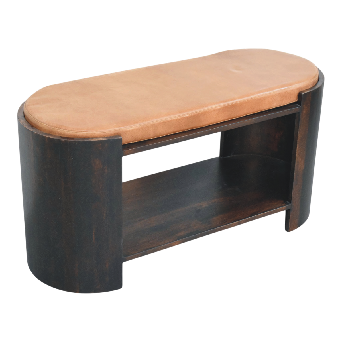 Belgrave Shoe Bench in Espresso with Caramel Leather, three-quarter view from the opposite side.