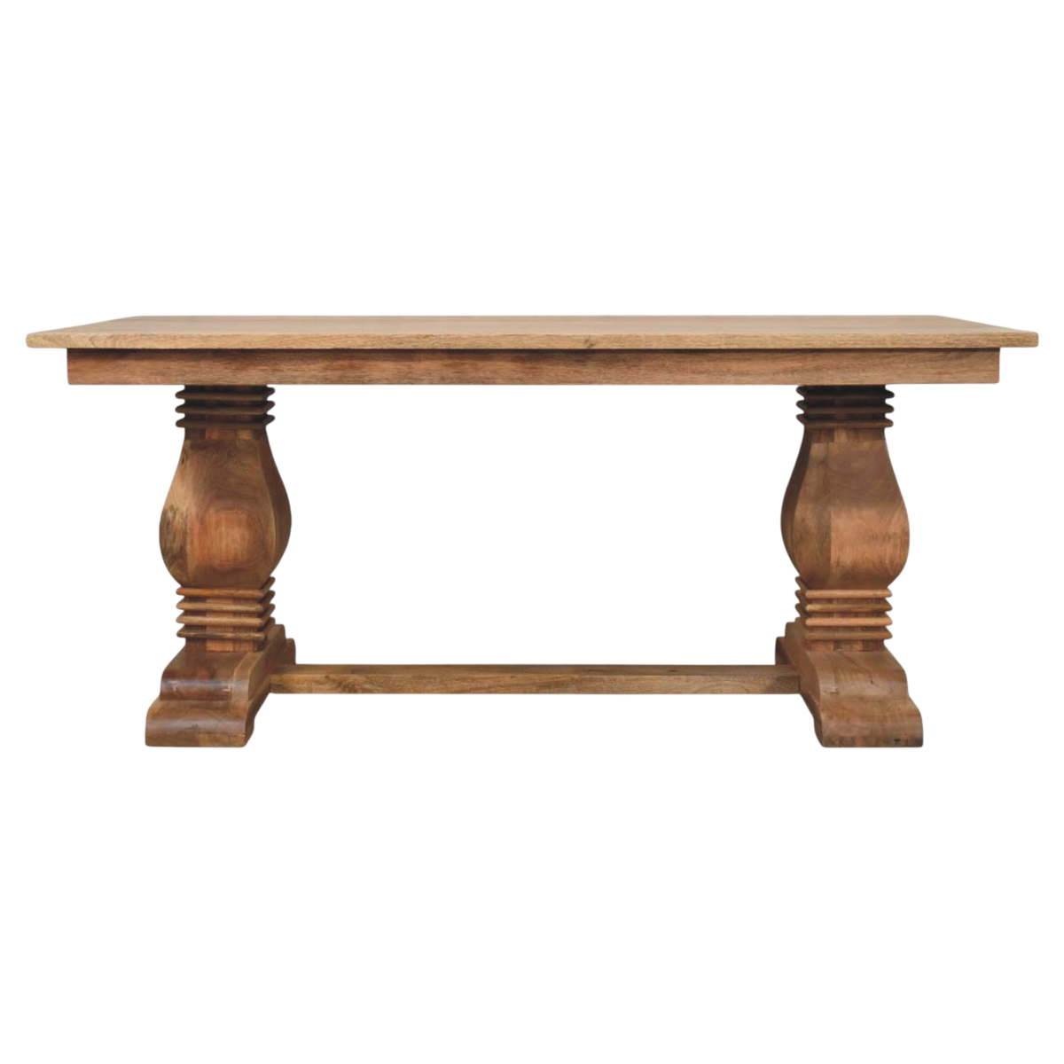Belvedere Dining Table in Amber, front view. An expansive top on a sculpted double pedestal base.