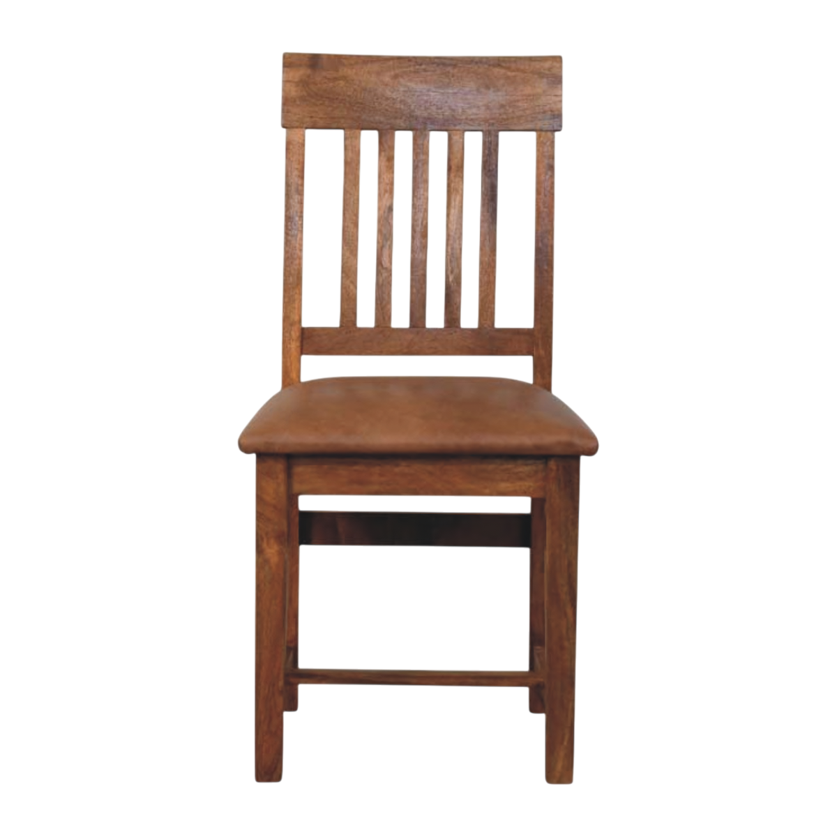 Belvedere Slatted Dining Chair in Amber with Tobacco Leather, front view. Solid hardwood frame in an amber finish, vertical slatted back, padded seat in tobacco leather.