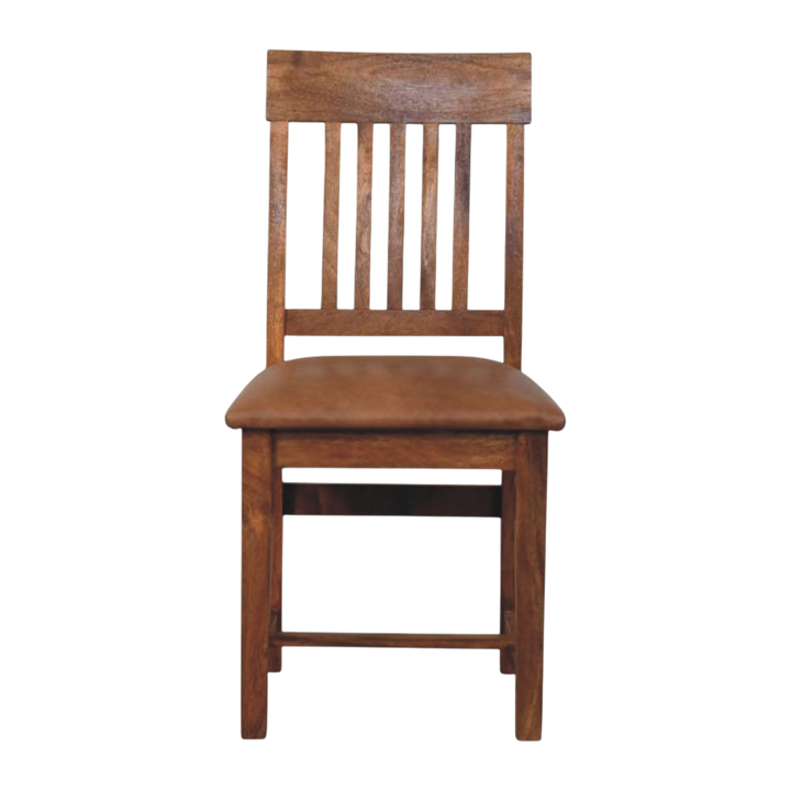 Belvedere Slatted Dining Chair in Amber with Tobacco Leather, front view. Solid hardwood frame in an amber finish, vertical slatted back, padded seat in tobacco leather.