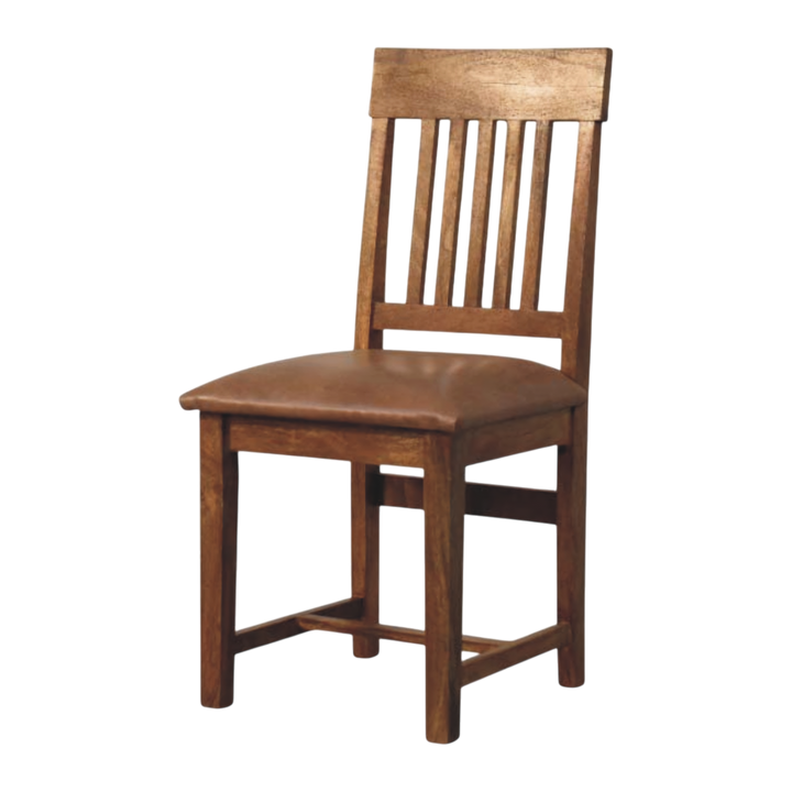 Belvedere Slatted Dining Chair in Amber with Tobacco Leather, three-quarter view showing the full profile.