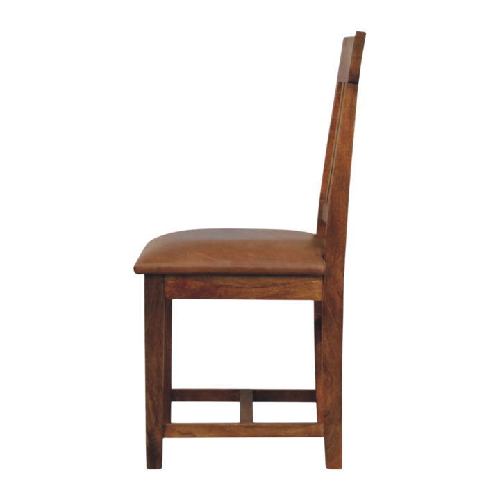 Belvedere Slatted Dining Chair in Amber with Tobacco Leather, side view showing the depth.