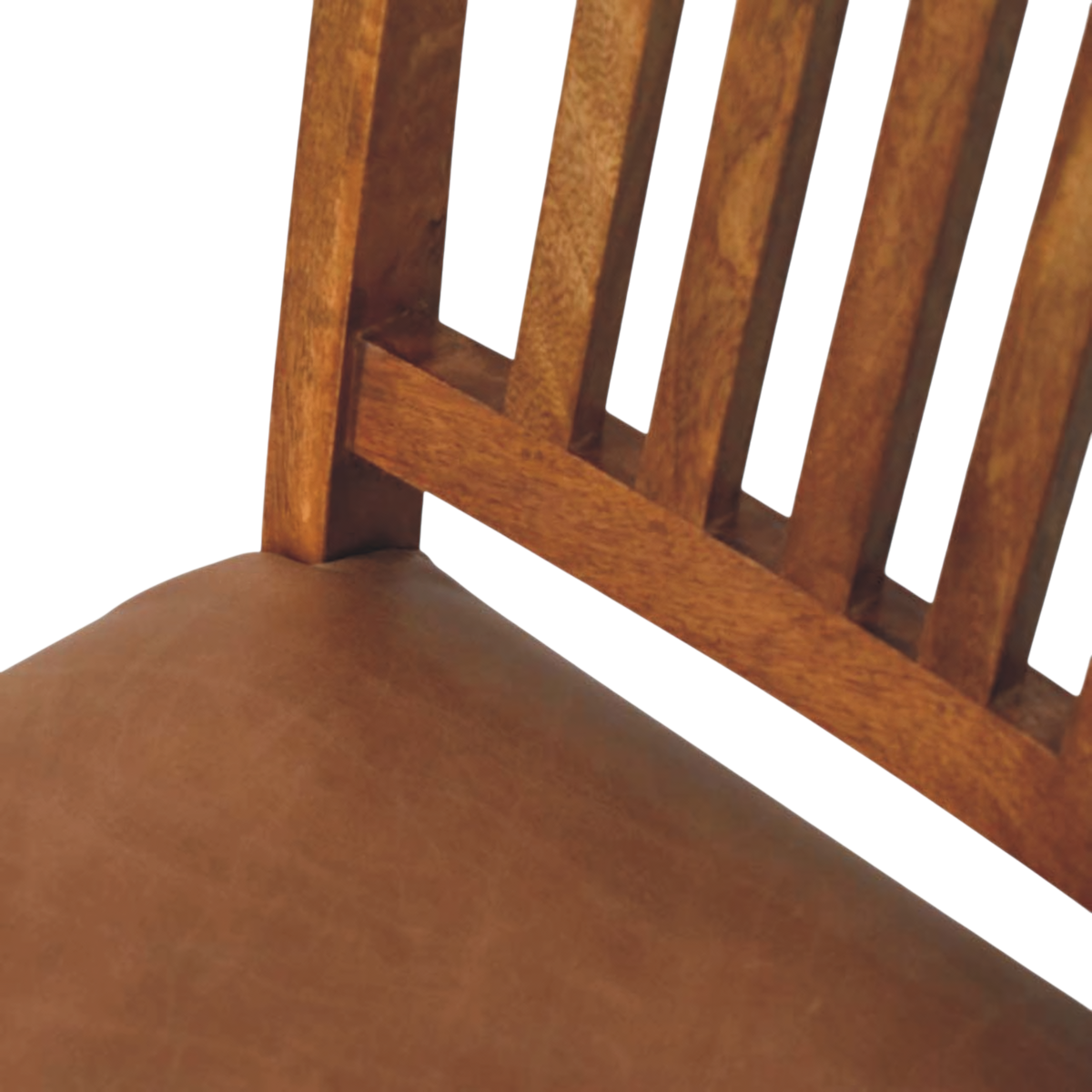 Close view of the seat on the Belvedere Slatted Dining Chair in Amber with Tobacco Leather.