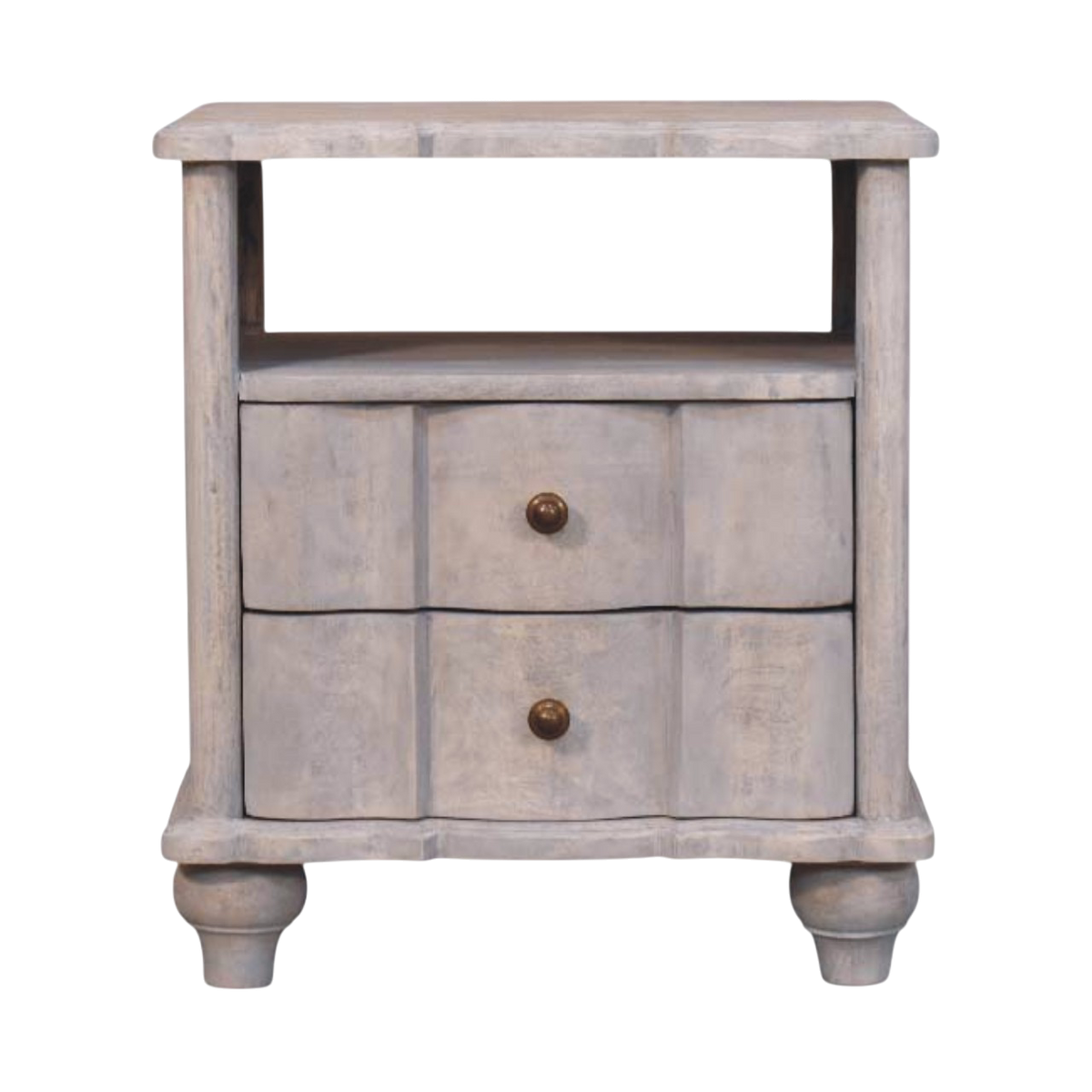 Bibury 2-Drawer Bedside Table with Open Shelf in Stone, front view. Weathered hardwood, two drawers and an open shelf.