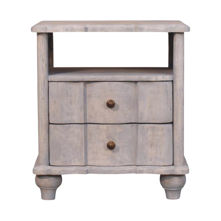Bibury 2-Drawer Bedside Table with Open Shelf in Stone, front view. Weathered hardwood, two drawers and an open shelf.