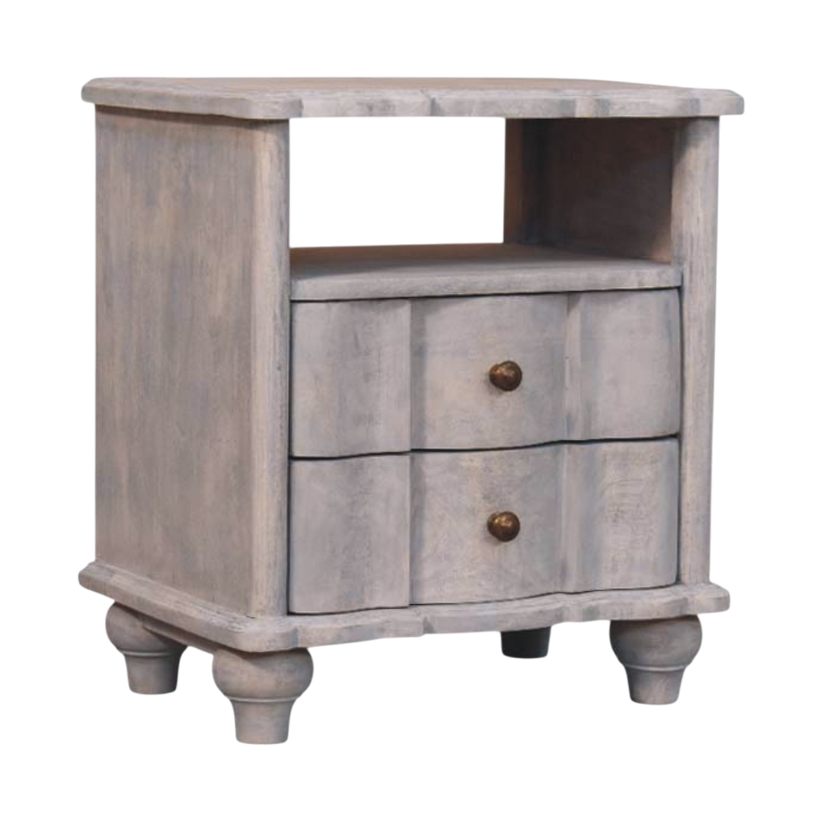 Bibury 2-Drawer Bedside Table with Open Shelf in Stone, three-quarter view showing the full profile.