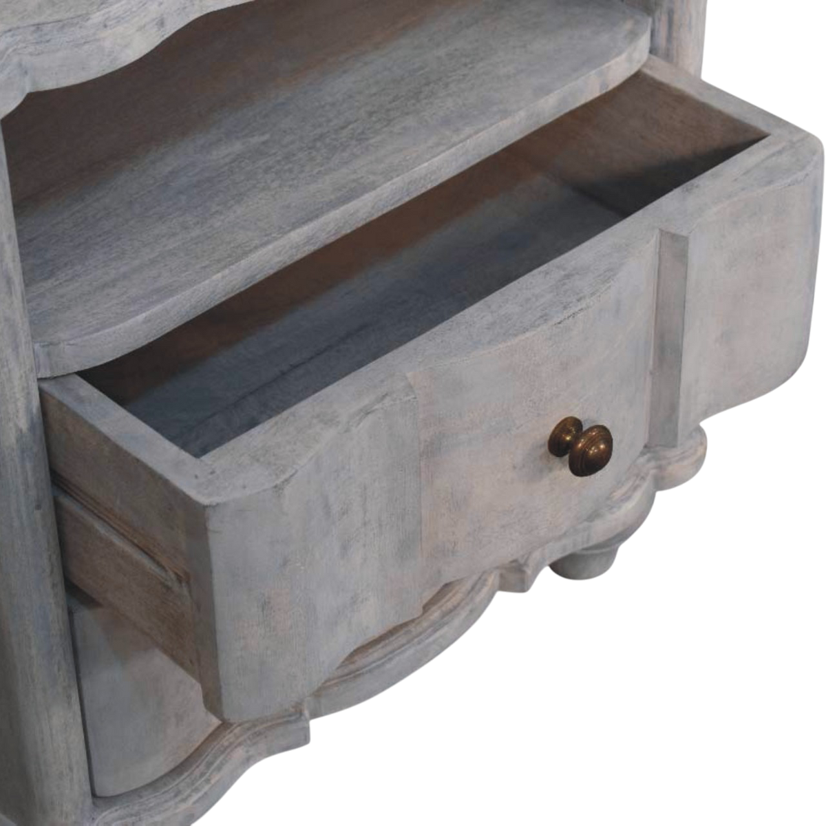 Bibury 2-Drawer Bedside Table with Open Shelf in Stone, shown with a drawer open.