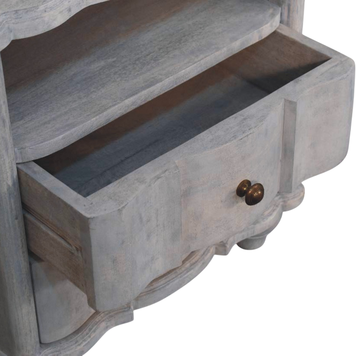 Bibury 2-Drawer Bedside Table with Open Shelf in Stone, shown with a drawer open.