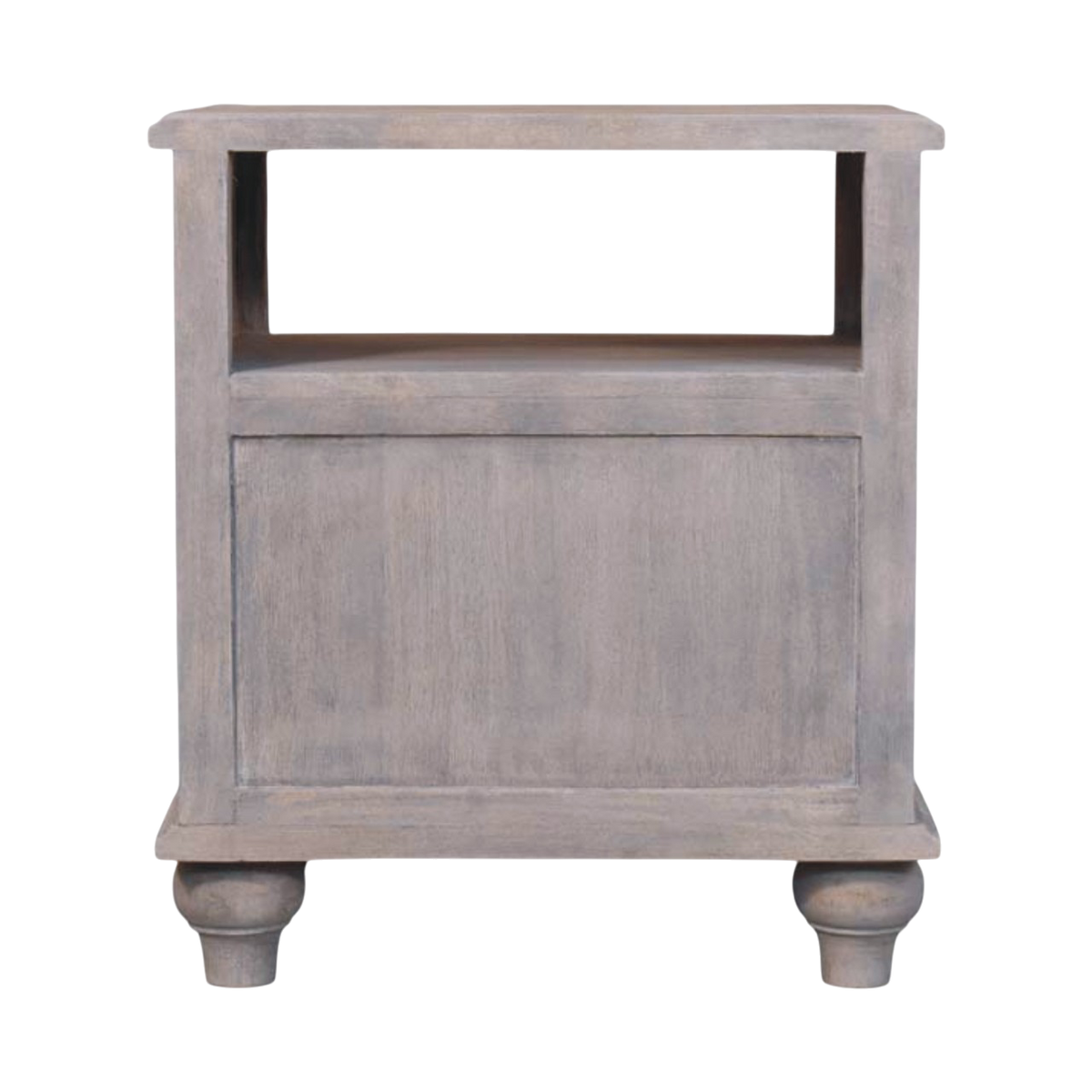 Bibury 2-Drawer Bedside Table with Open Shelf in Stone, side view showing the depth.