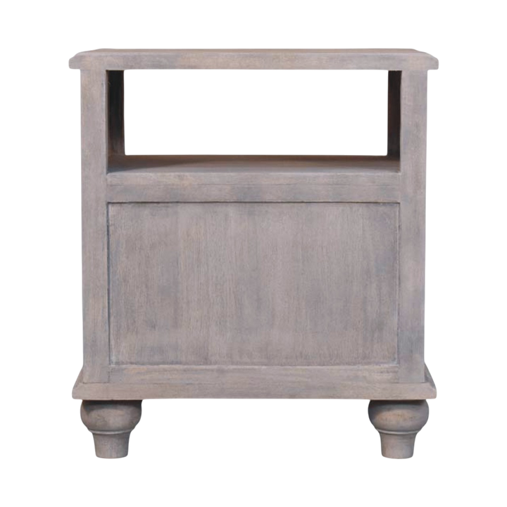 Bibury 2-Drawer Bedside Table with Open Shelf in Stone, side view showing the depth.