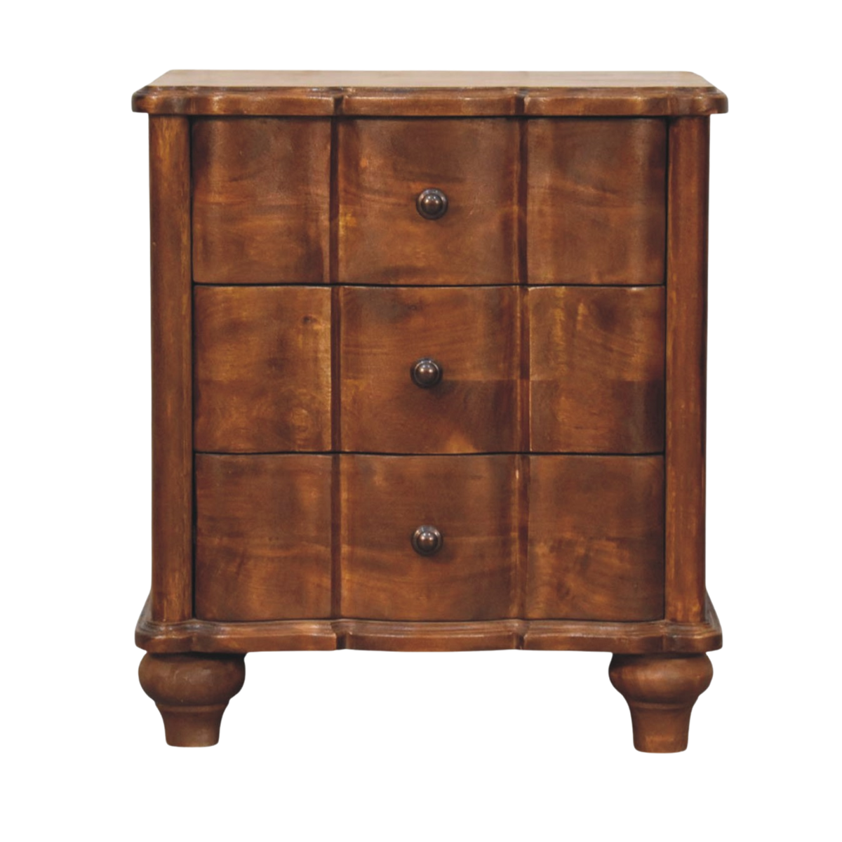 Bibury 3-Drawer Bedside Table in Chestnut, front view. Three drawers with turned feet and brass pulls.