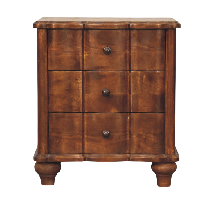 Bibury 3-Drawer Bedside Table in Chestnut, front view. Three drawers with turned feet and brass pulls.