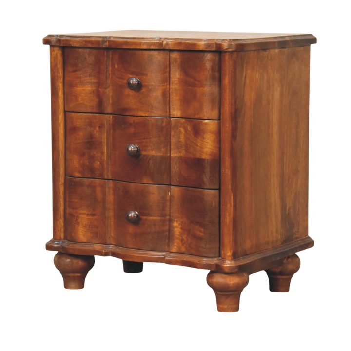 Bibury 3-Drawer Bedside Table in Chestnut, three-quarter view showing depth and the shaped case.