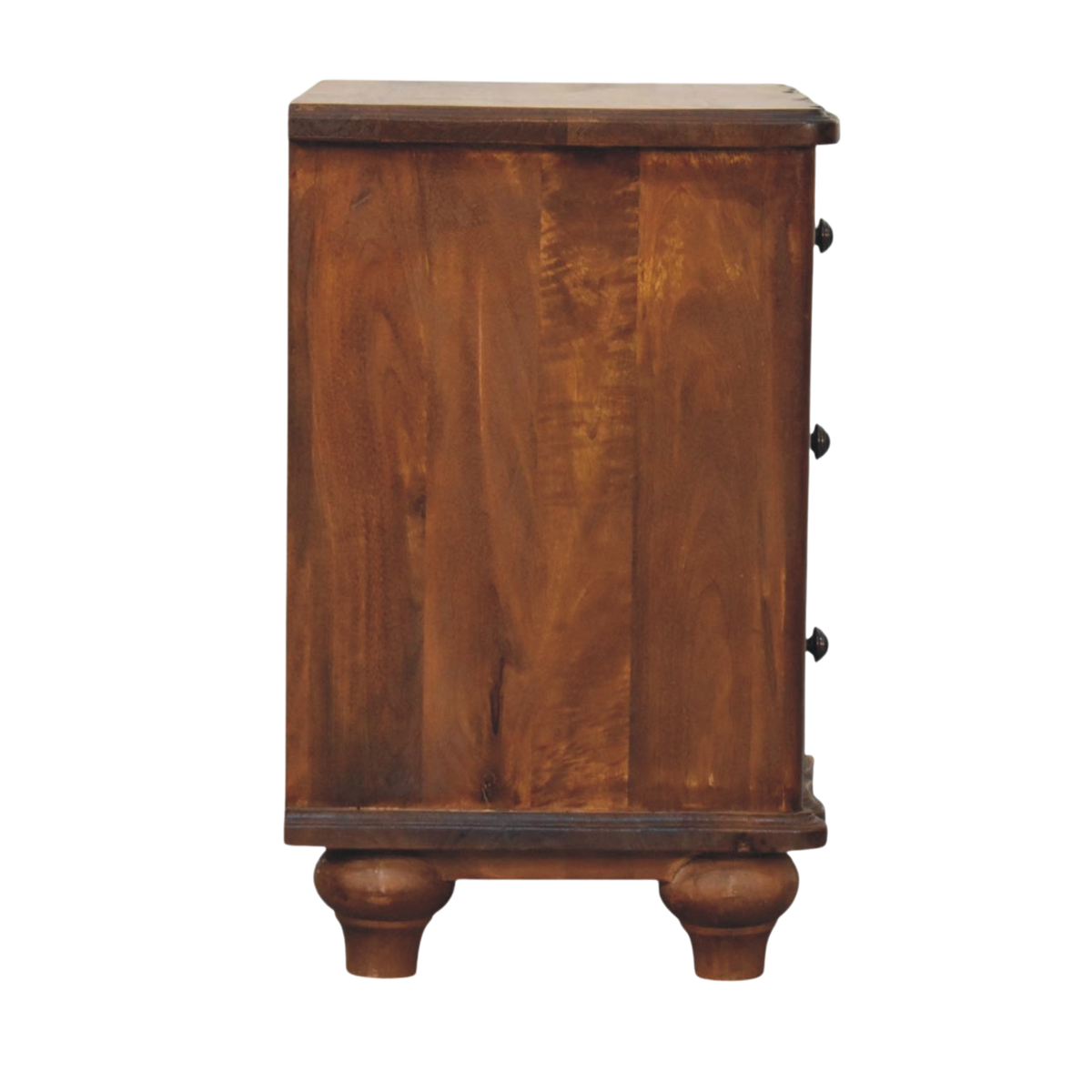 Bibury 3-Drawer Bedside Table in Chestnut, side view showing the depth of the case.