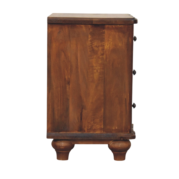 Bibury 3-Drawer Bedside Table in Chestnut, side view showing the depth of the case.