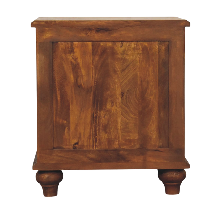 Bibury 3-Drawer Bedside Table in Chestnut, back view showing the finished rear panel.