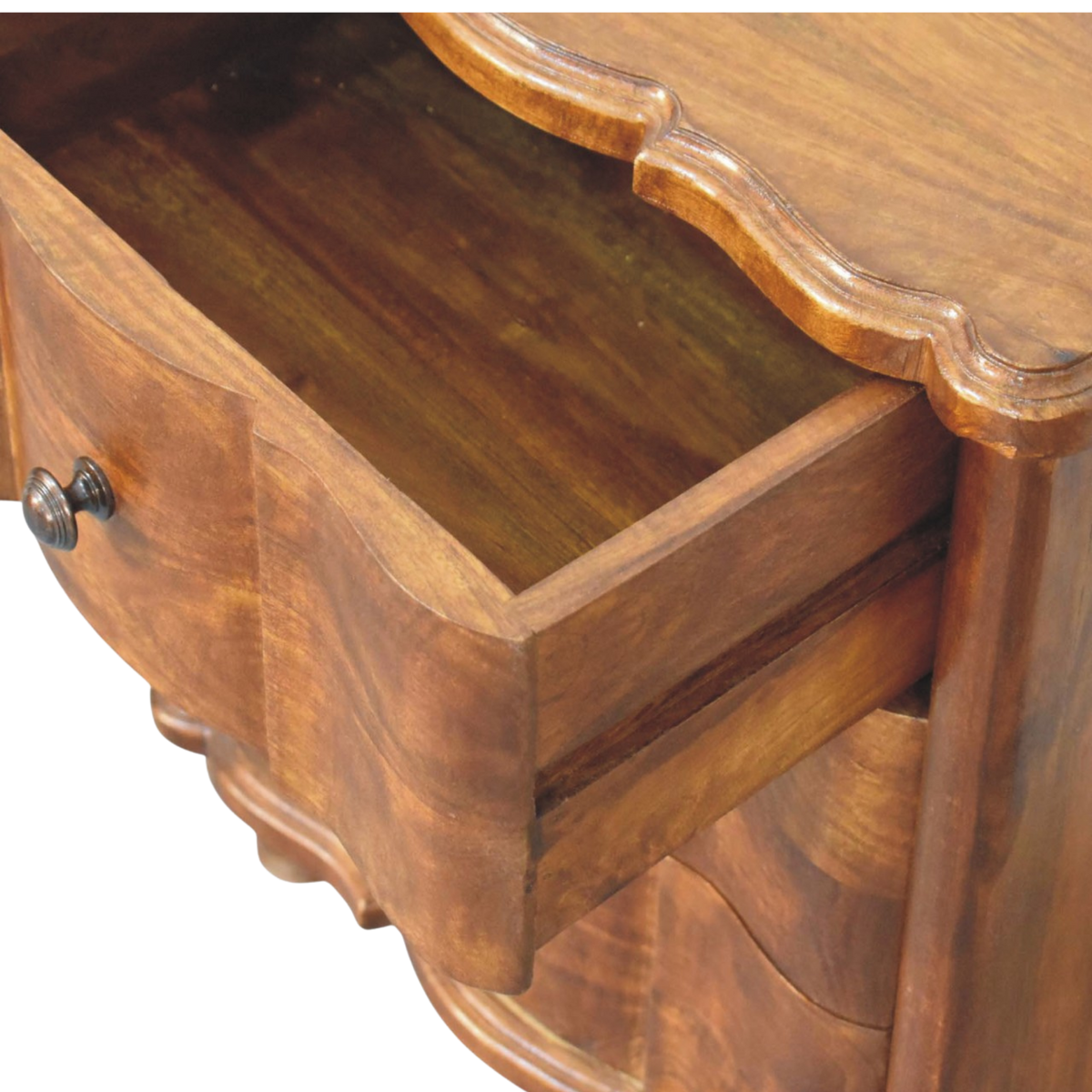 Close view of an open drawer on the Bibury Bedside Table, showing the interior and drawer pull.