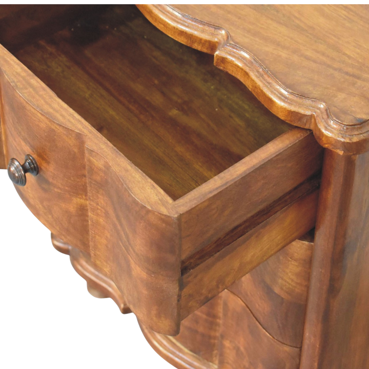 Close view of an open drawer on the Bibury Bedside Table, showing the interior and drawer pull.