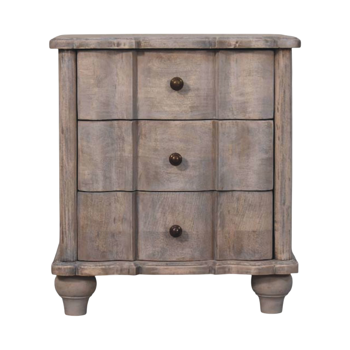 Bibury 3-Drawer Bedside Table in Stone, front view. Solid hardwood in a soft acid-wash finish with three drawers.