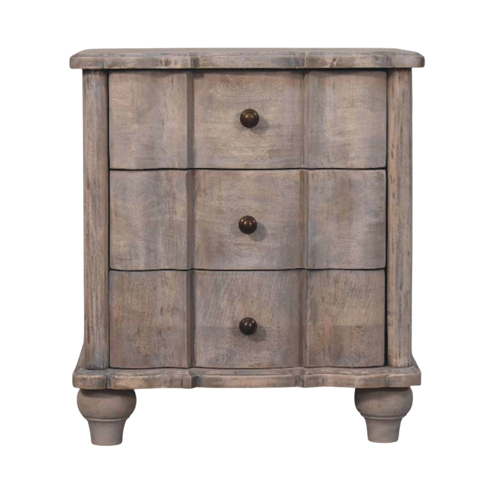Bibury 3-Drawer Bedside Table in Stone, front view. Solid hardwood in a soft acid-wash finish with three drawers.