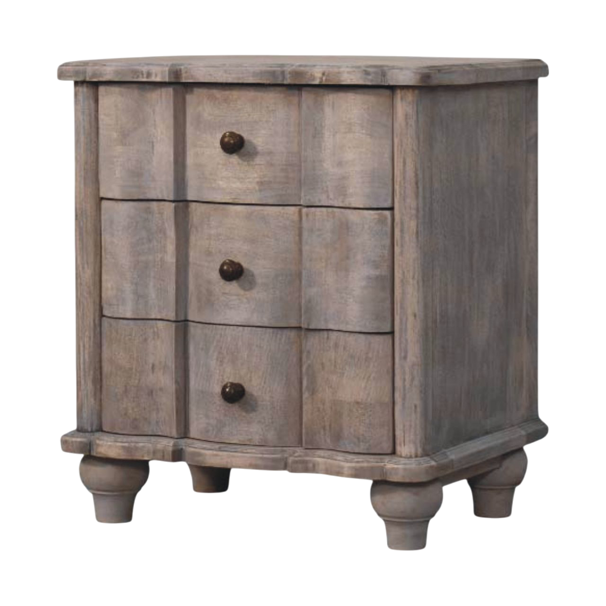 Bibury 3-Drawer Bedside Table in Stone, three-quarter view showing the full profile.