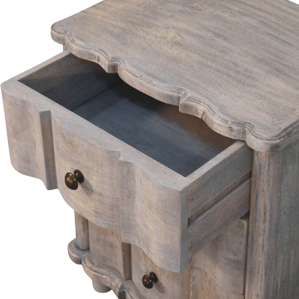 Bibury 3-Drawer Bedside Table in Stone, shown with a drawer open.