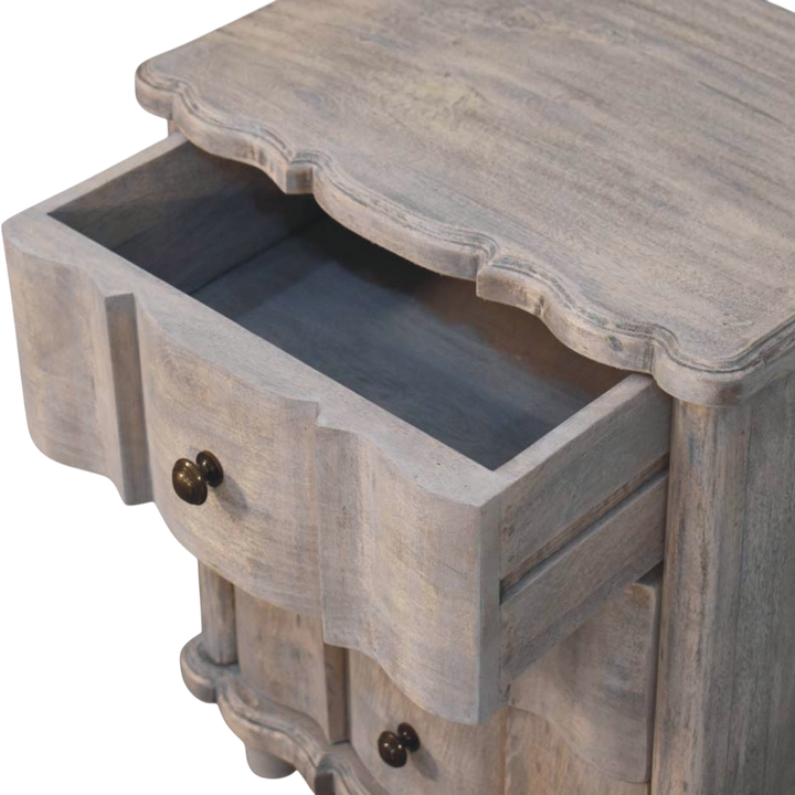 Bibury 3-Drawer Bedside Table in Stone, shown with a drawer open.