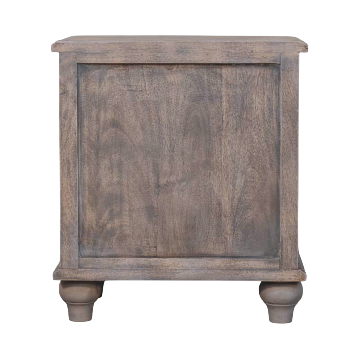 Bibury 3-Drawer Bedside Table in Stone, viewed from the back.