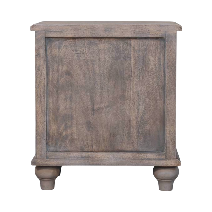 Bibury 3-Drawer Bedside Table in Stone, viewed from the back.