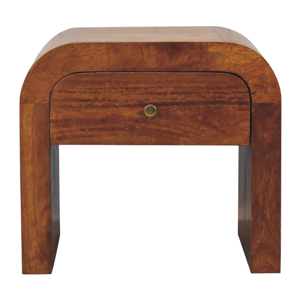 Bibury Bedside Table in Chestnut, front view. Solid hardwood in a chestnut finish, one drawer on a brass knob, curved edges.