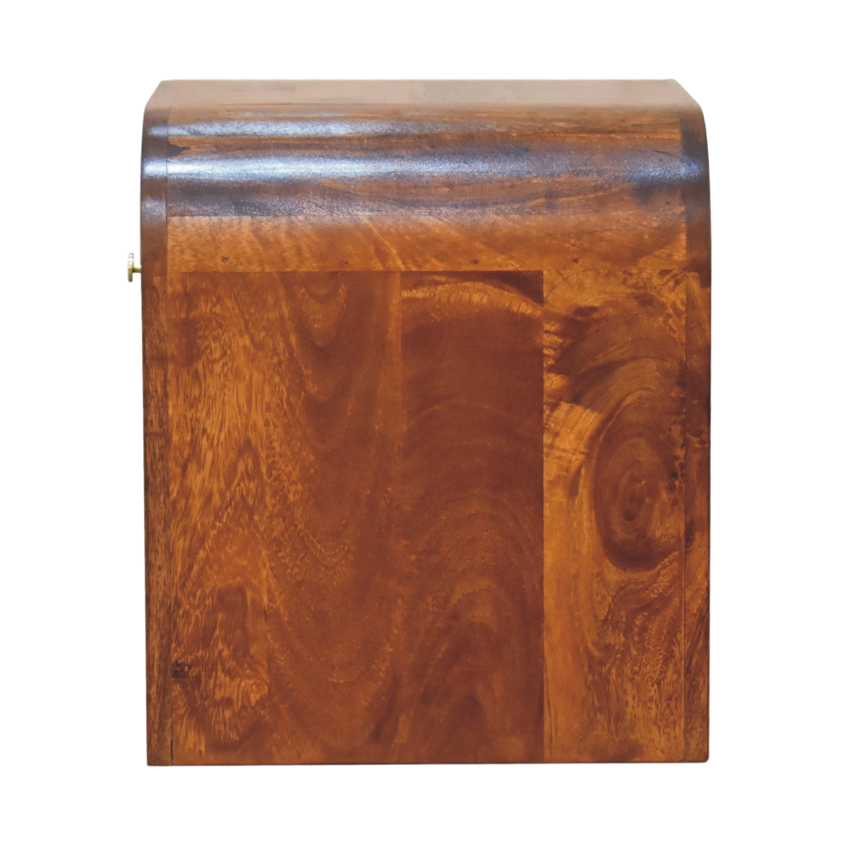 Bibury Bedside Table in Chestnut, side view showing the depth.