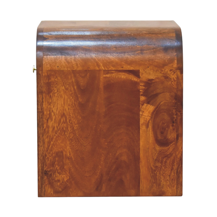 Bibury Bedside Table in Chestnut, side view showing the depth.