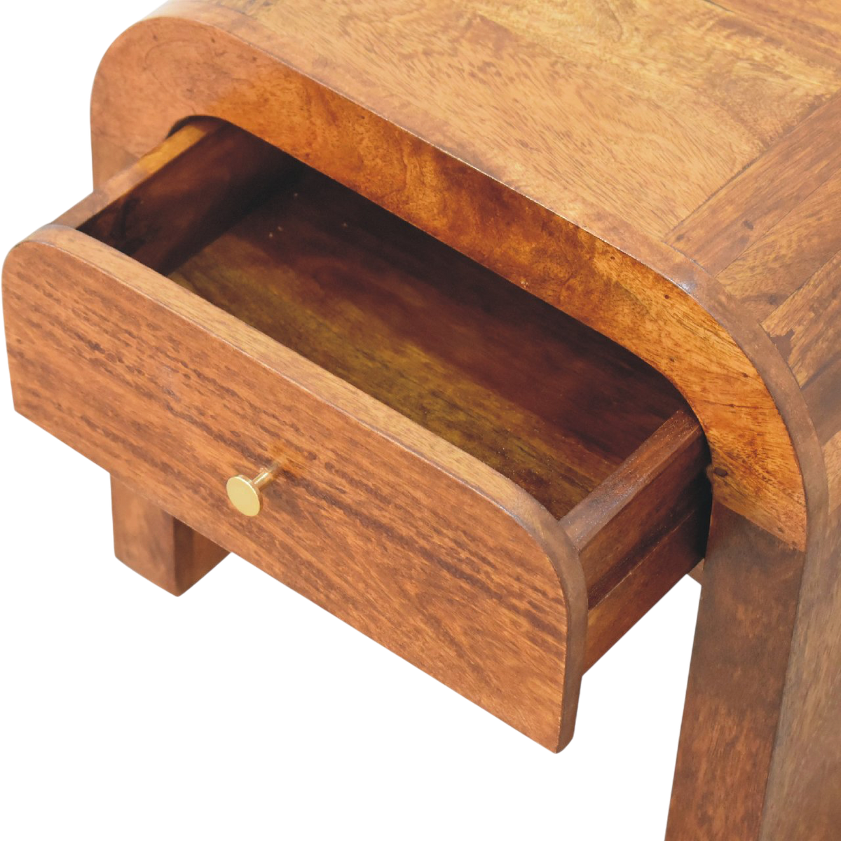 Bibury Bedside Table in Chestnut, shown with a drawer open.