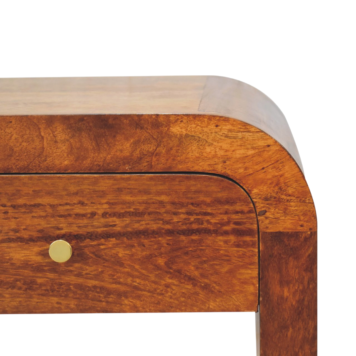 Close view of the knobs on the Bibury Bedside Table in Chestnut.