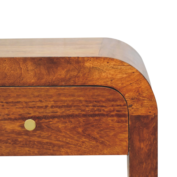 Close view of the knobs on the Bibury Bedside Table in Chestnut.