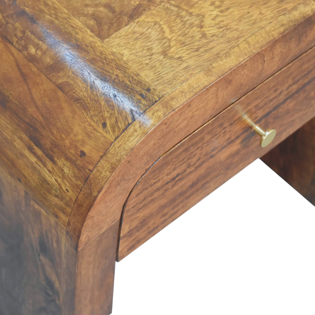 Close view of the top on the Bibury Bedside Table in Chestnut.