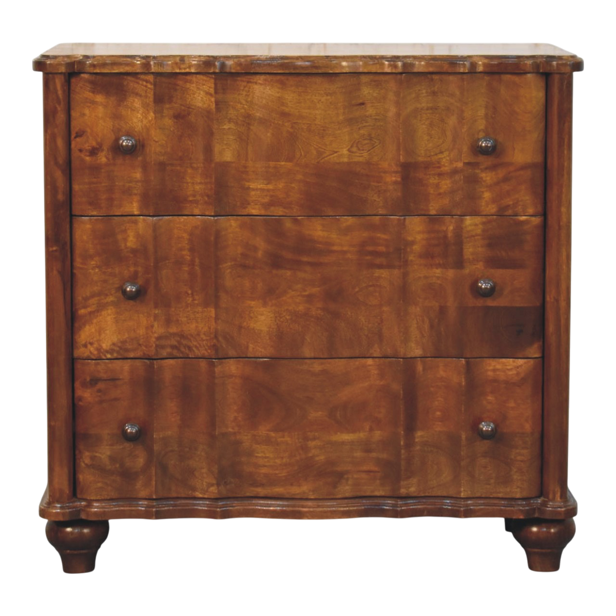 Bibury Chest-of-Drawers in Chestnut, front view. Solid hardwood in chestnut, three drawers on rounded bun feet.