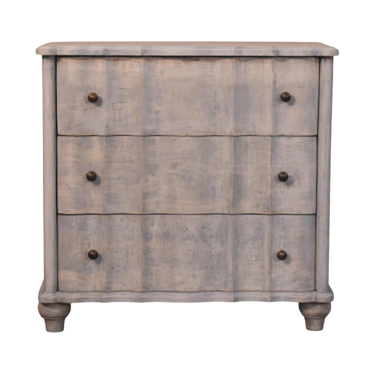 Bibury Chest-of-Drawers in Stone, front view. Panelled solid hardwood in a soft weathered finish.