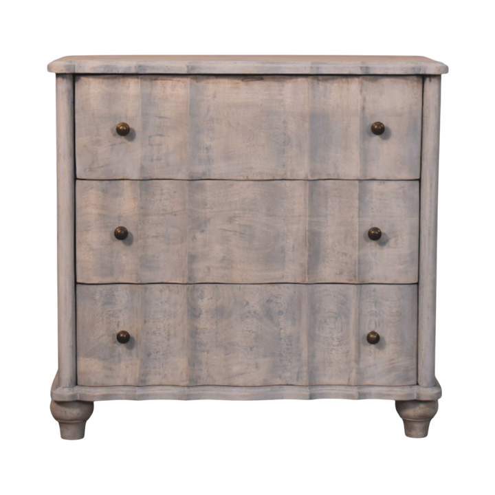 Bibury Chest-of-Drawers in Stone, front view. Panelled solid hardwood in a soft weathered finish.