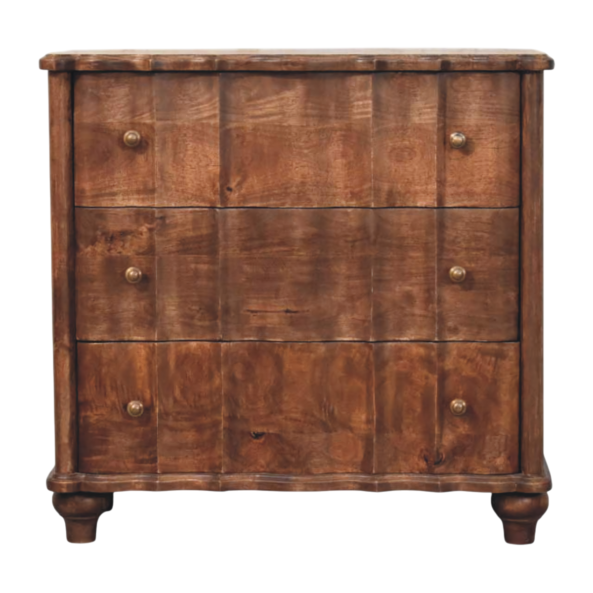 Bibury Chest-of-Drawers in Cocoa, front view. Solid hardwood throughout, cocoa finish, serpentine bow front with a shaped top edge.