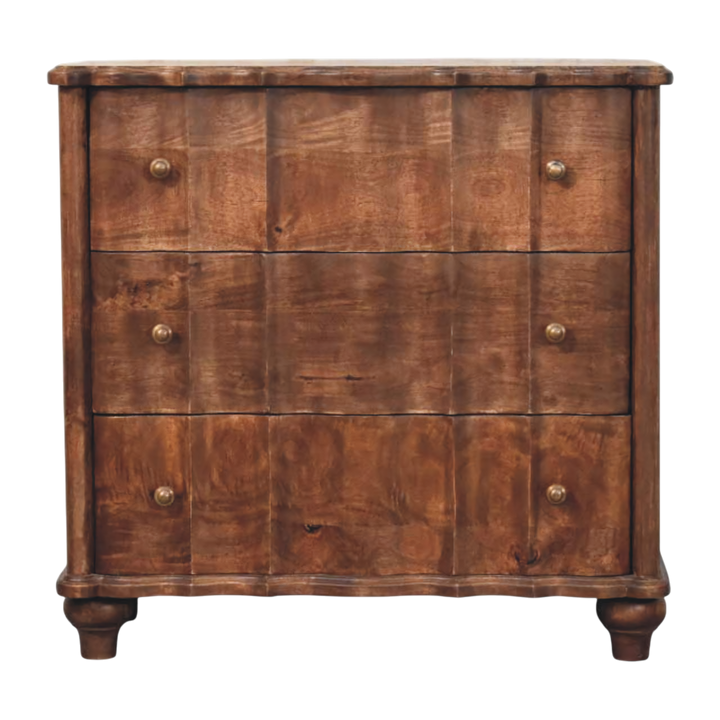 Bibury Chest-of-Drawers in Cocoa, front view. Solid hardwood throughout, cocoa finish, serpentine bow front with a shaped top edge.