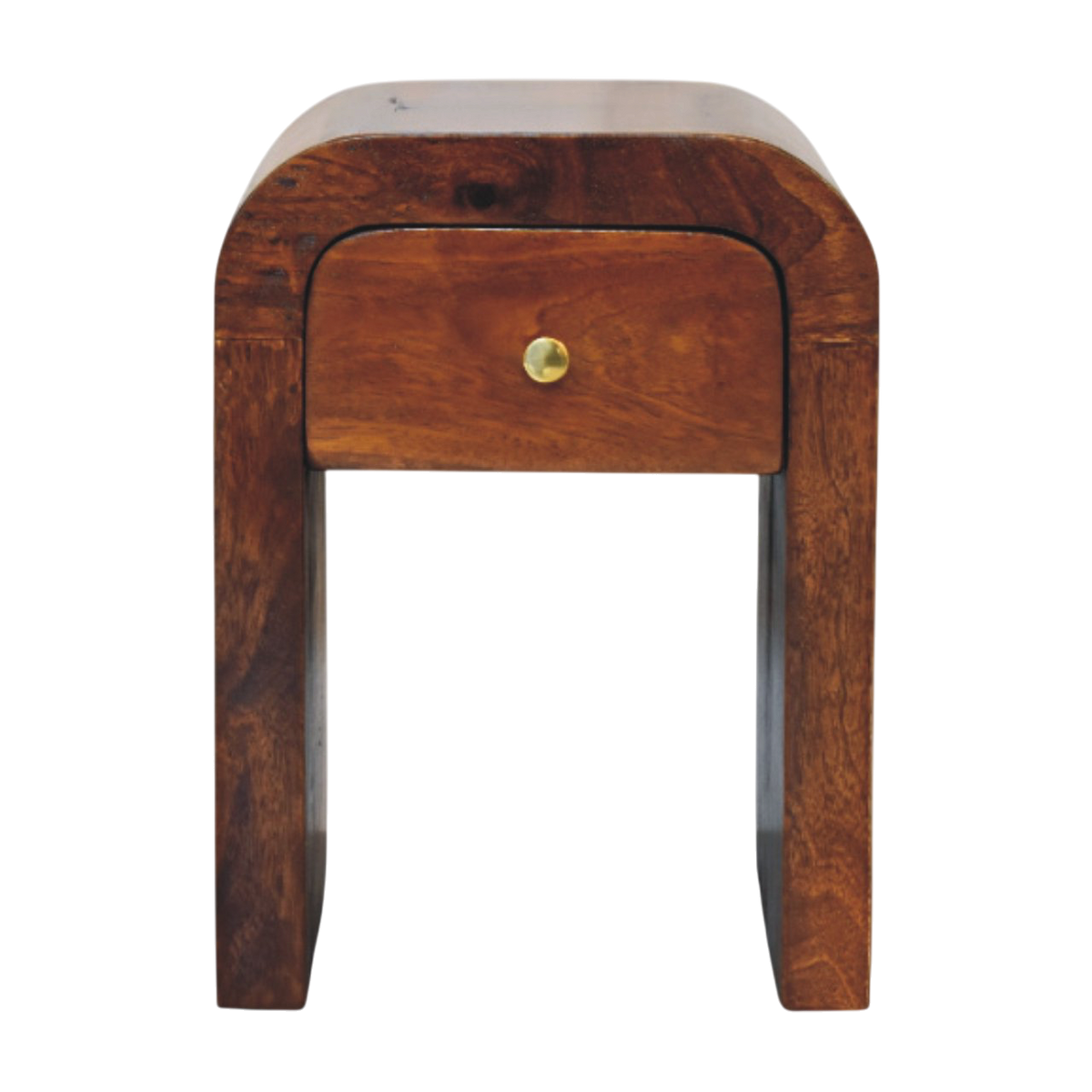Bibury Mini Bedside Table in Chestnut, front view. 100% solid hardwood in a chestnut finish, one drawer on a brass knob, curved edges.