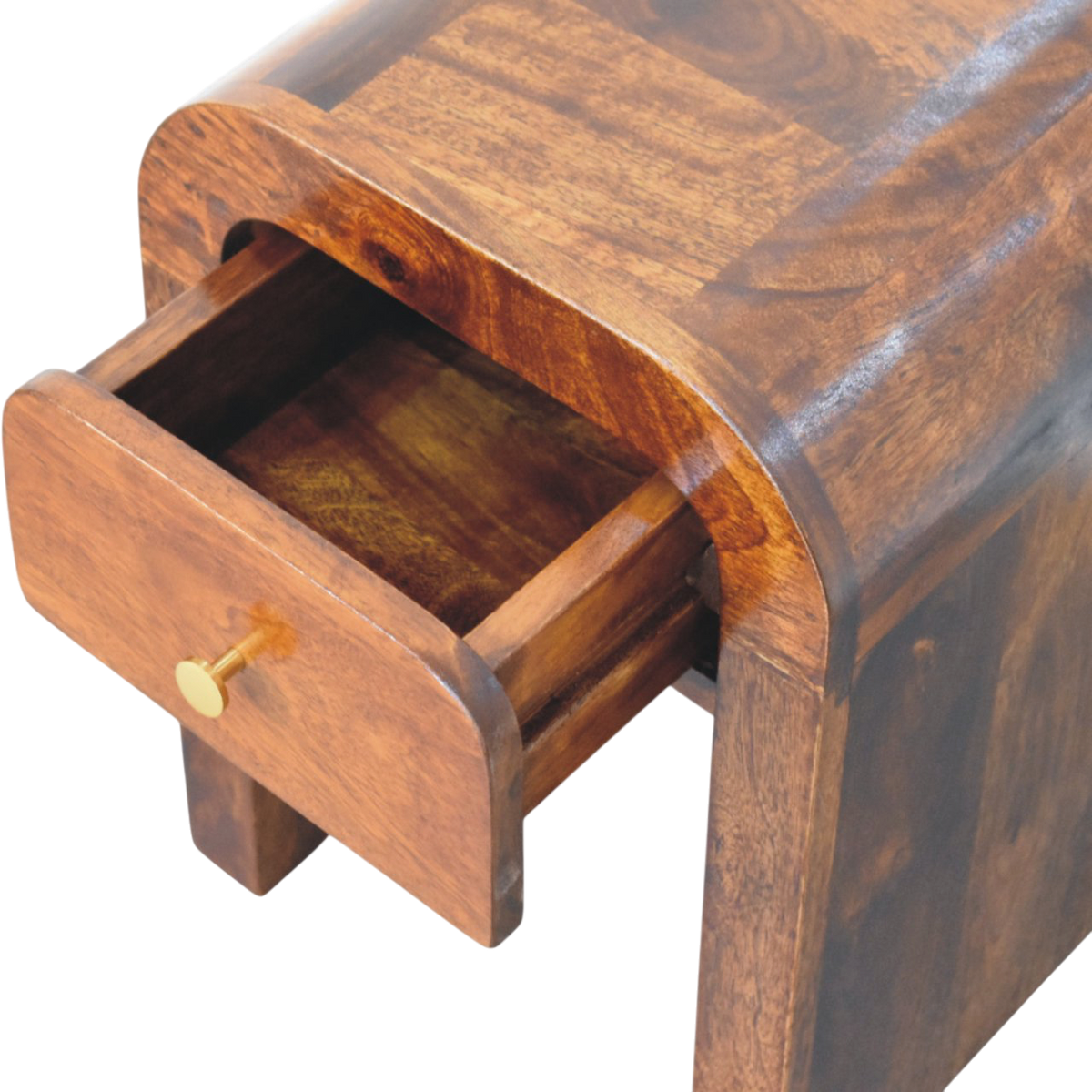 Bibury Mini Bedside Table in Chestnut, shown with a drawer open.