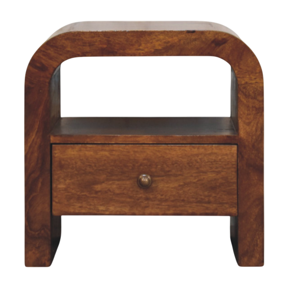 Bibury Open Bedside Table in Chestnut, front view. 100% solid hardwood in a chestnut finish, one drawer on a brass knob, open shelf beneath, curved edges.