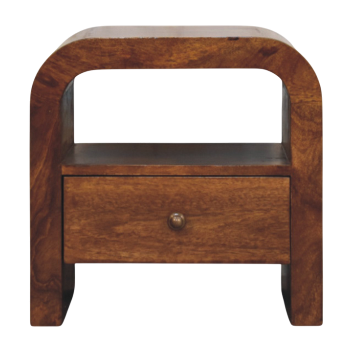Bibury Open Bedside Table in Chestnut, front view. 100% solid hardwood in a chestnut finish, one drawer on a brass knob, open shelf beneath, curved edges.