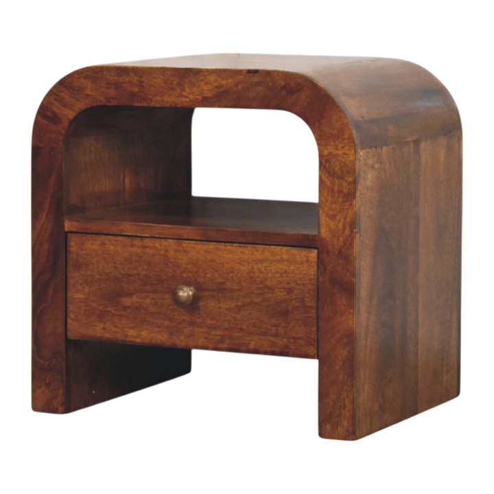 Bibury Open Bedside Table in Chestnut, three-quarter view showing the full profile.