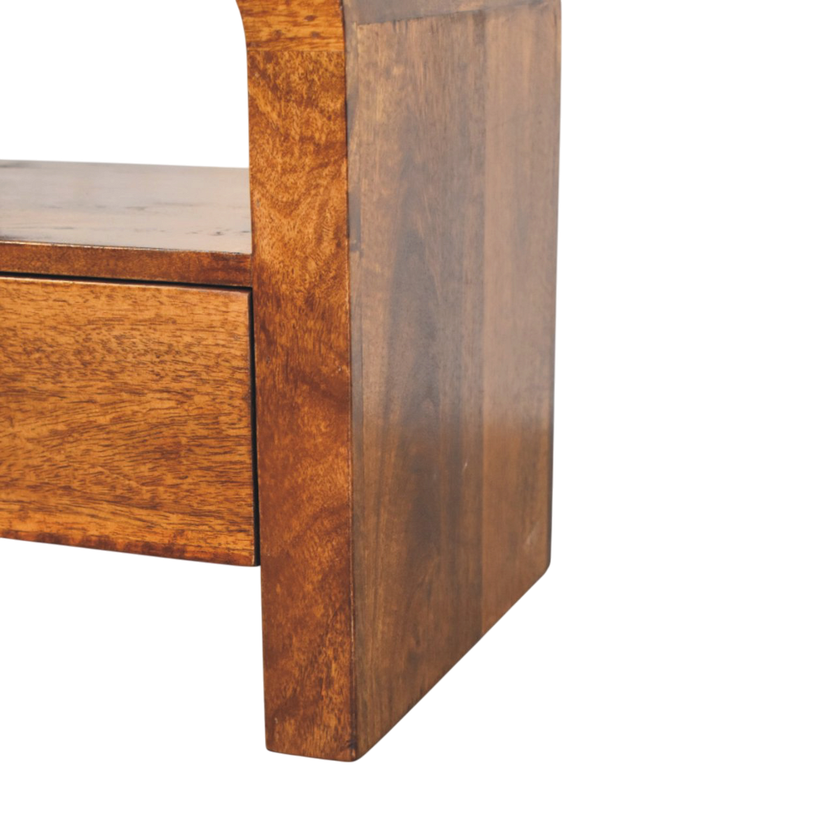 Bibury Open Bedside Table in Chestnut, side view showing the depth.