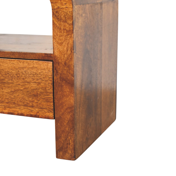 Bibury Open Bedside Table in Chestnut, side view showing the depth.